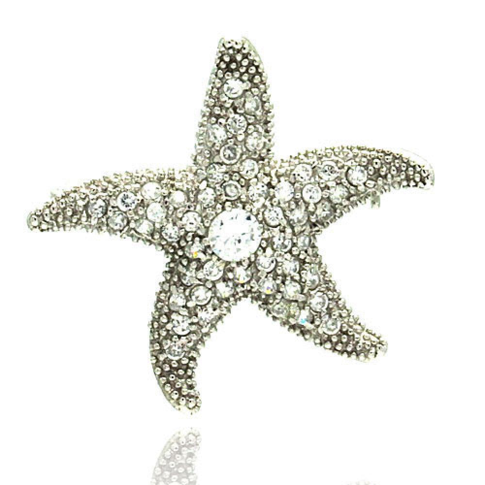 Silver 925 Rhodium Plated Clear CZ Starfish Pin Pendant Necklace - STP00044