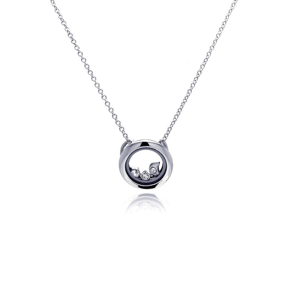 Silver 925 Rhodium Plated Open Circle Clear CZ Accentuated Pendant Necklace - STP00058