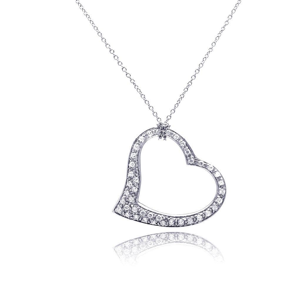 Closeout-Silver 925 Clear CZ Rhodium Plated Dangling Heart Pendant Necklace - STP00068