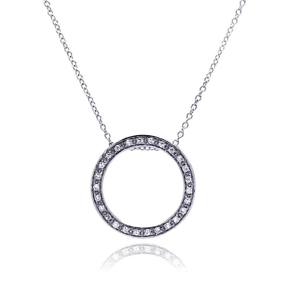 Closeout-Silver 925 Clear CZ Rhodium Plated Round Pendant Necklace - STP00072