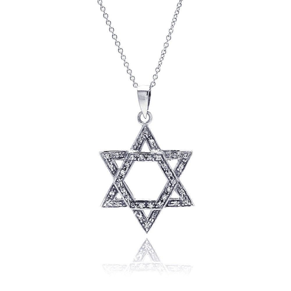 Silver 925 Clear CZ Rhodium Plated Star Of David Pendant Necklace - STP00086