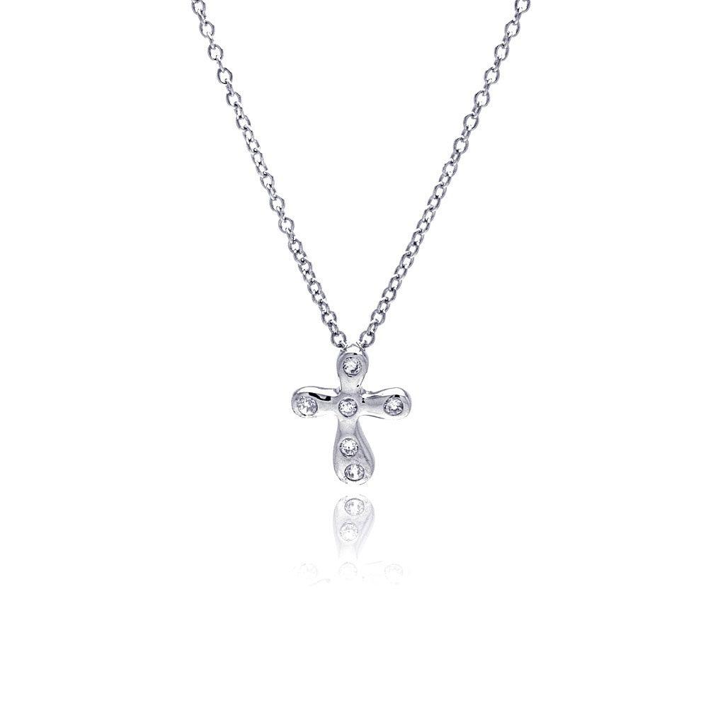 Silver 925 Clear CZ Rhodium Plated Cross Pendant Necklace - STP00096