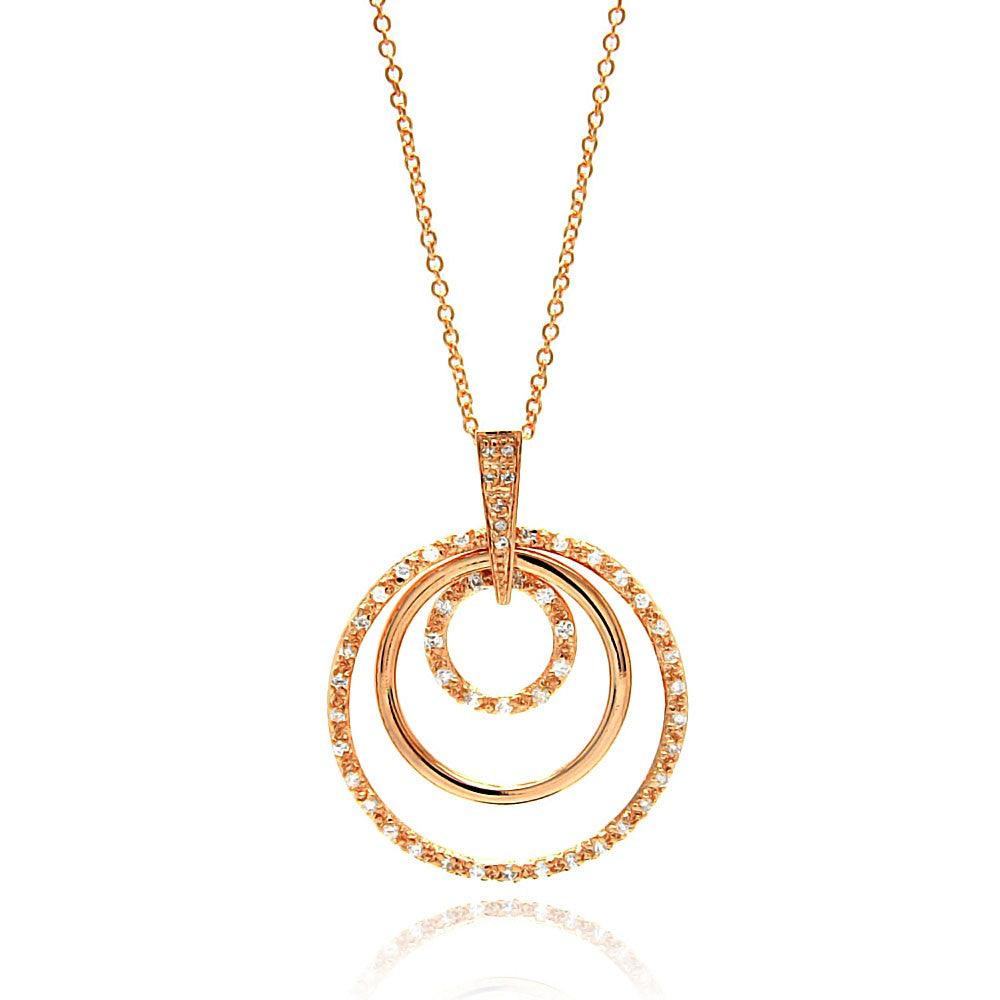 Closeout-Silver 925 Clear CZ Rose Gold Plated Multi Circle Pendant Necklace - STP00101RGP