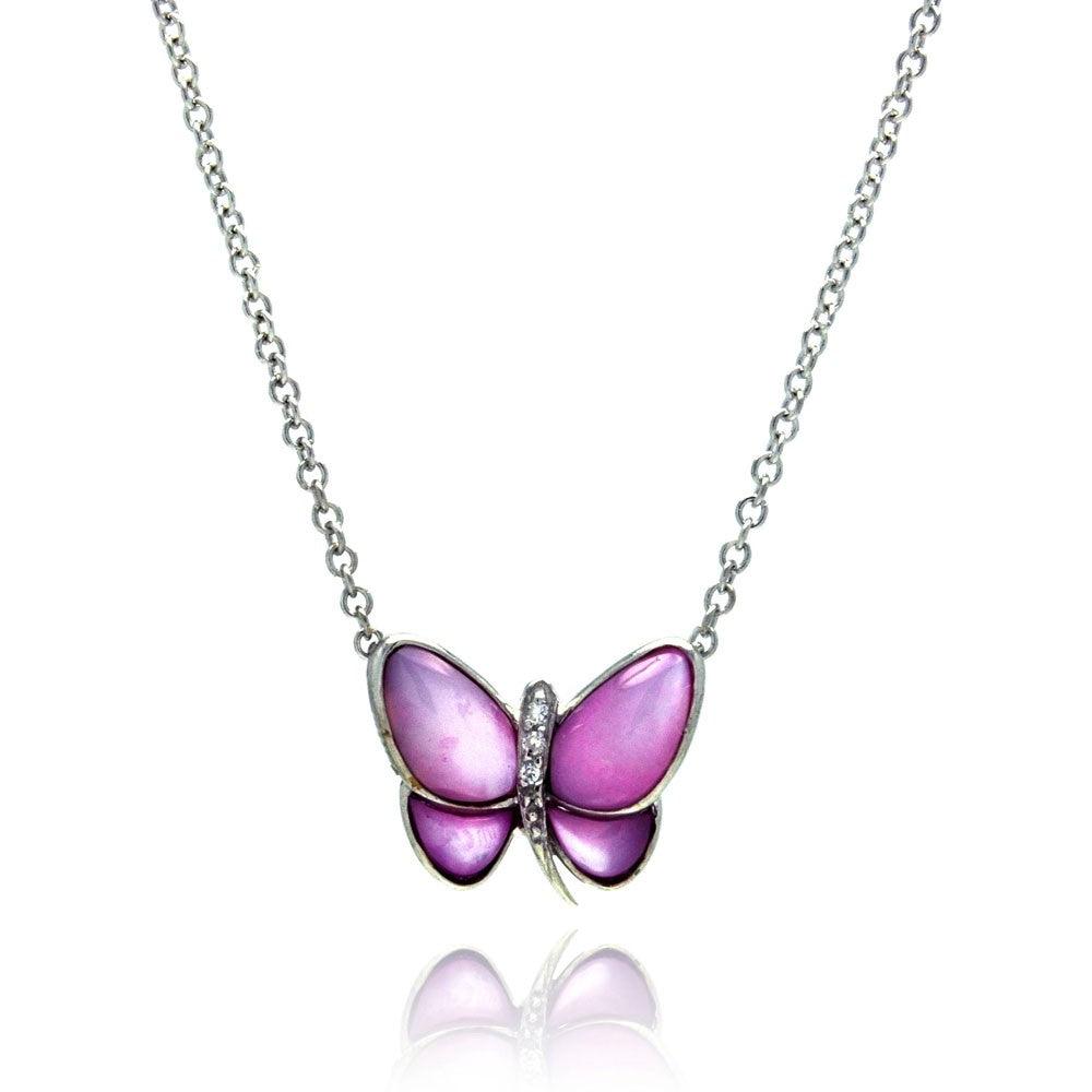 Closeout-Silver 925 Clear CZ Rhodium Plated Pink Butterfly Pendant Necklace - STP00104