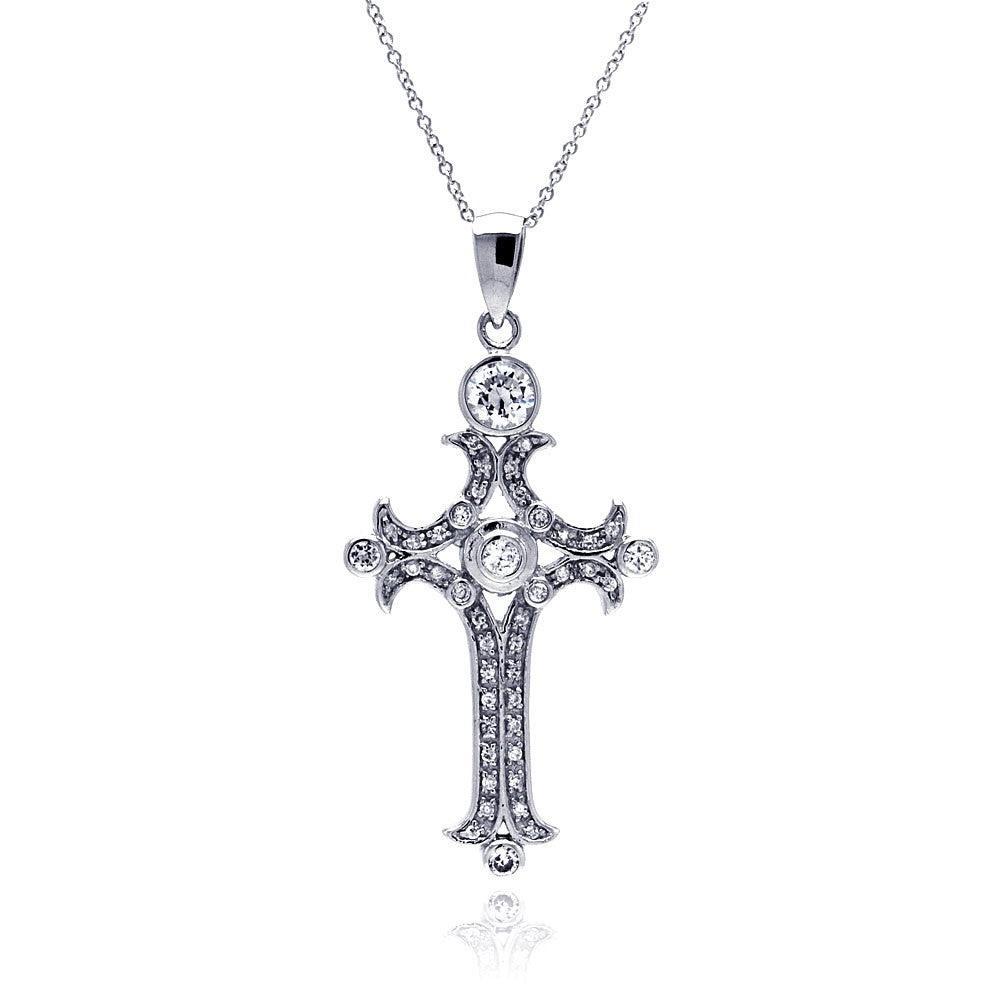 Closeout-Silver 925 Clear CZ Rhodium Plated Fancy Cross Pendant Necklace - STP00111