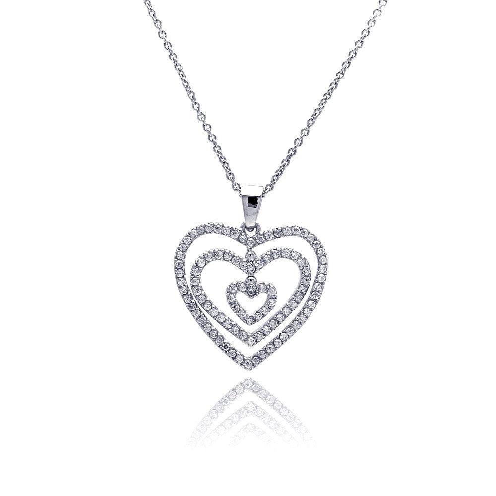 Closeout-Silver 925 Clear CZ Rhodium Plated Graduated Heart Pendant Necklace - STP00118