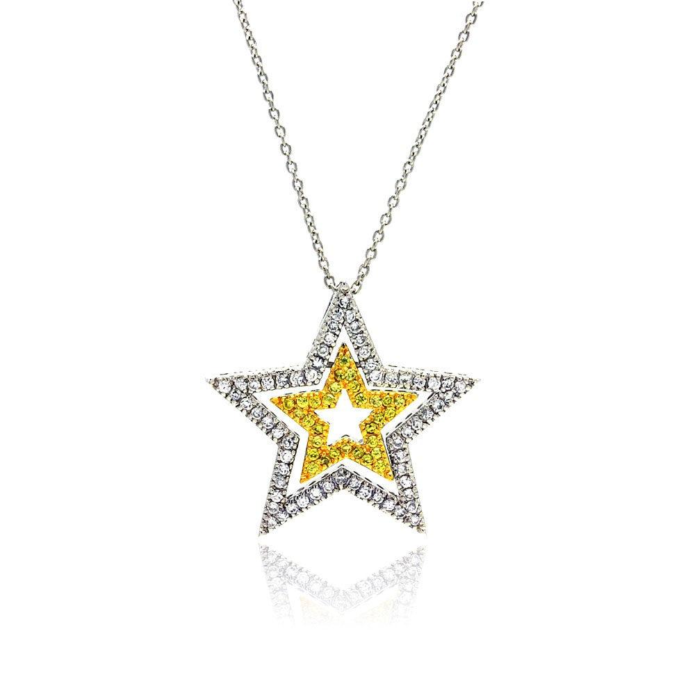 Closeout-Silver 925 Clear and Yellow CZ Rhodium Plated Triple Star Pendant Necklace - STP00128