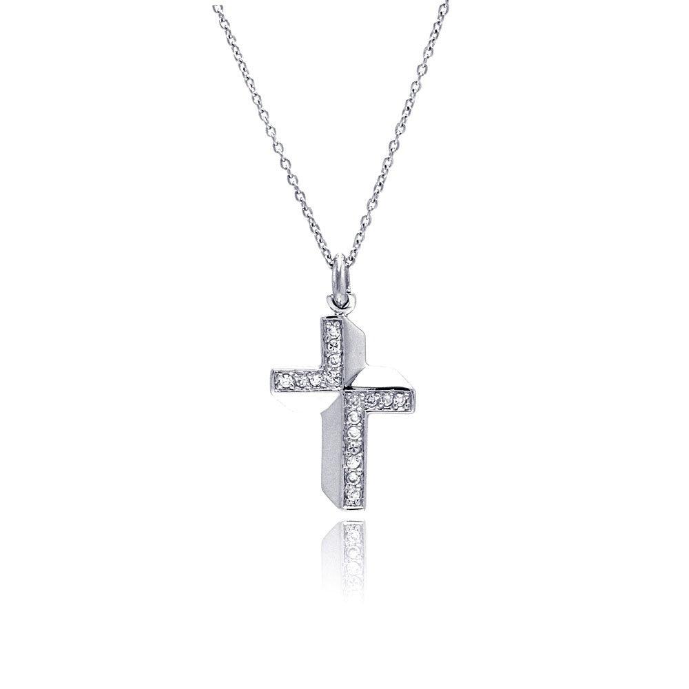 Closeout-Silver 925 Clear CZ Rhodium Plated Fancy Cross Pendant Necklace - STP00132