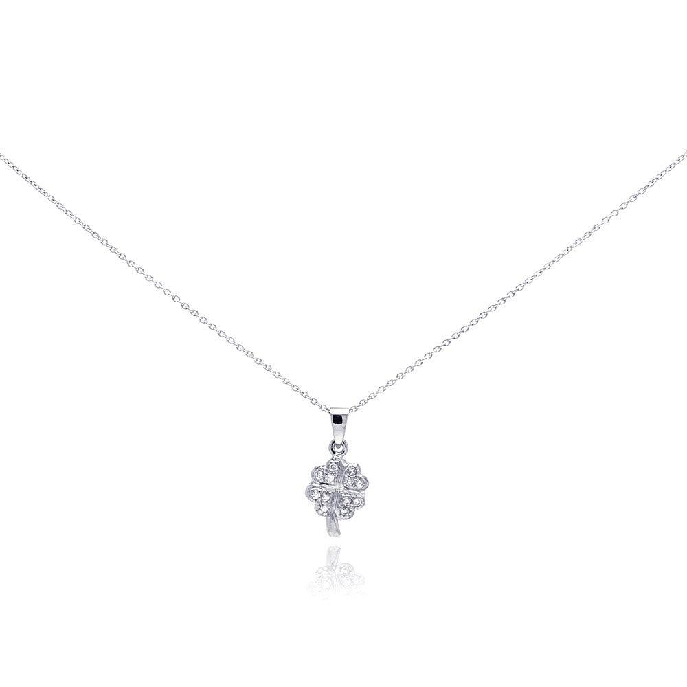 Closeout-Silver 925 Clear CZ Rhodium Plated Clover Pendant Necklace - STP00135