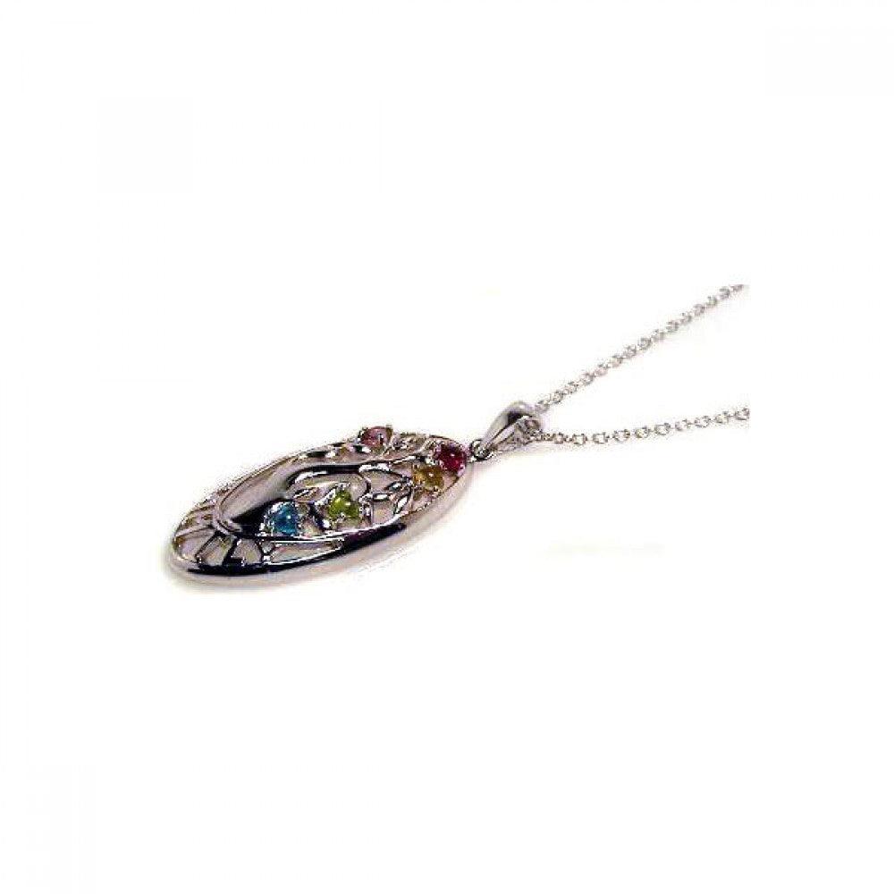 Silver 925 Multi Color CZ Rhodium Plated Oval Pendant Necklace - STP00140