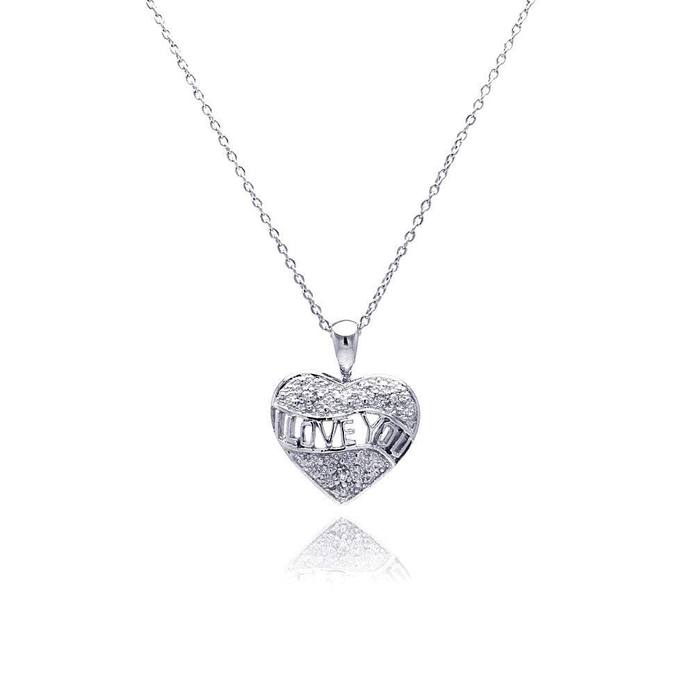 Closeout-Silver 925 Clear CZ Rhodium Plated I Love You Pendant Necklace - STP00141