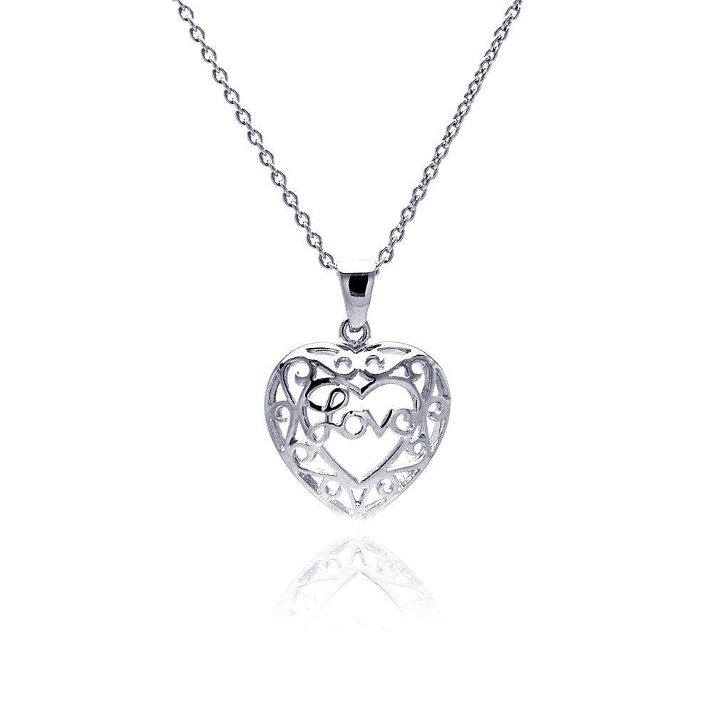 Closeout-Silver 925 Rhodium Plated Heart Love Accent Pendant Necklace - STP00142