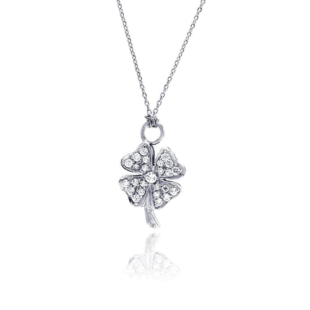 Silver 925 Clear CZ Rhodium Plated Clover Pendant Necklace - STP00143