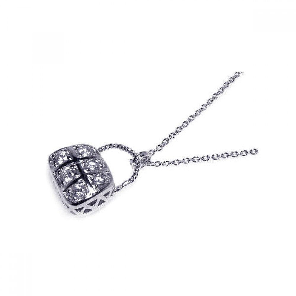 Closeout-Silver 925 Clear CZ Rhodium Plated Purse Pendant Necklace - STP00146