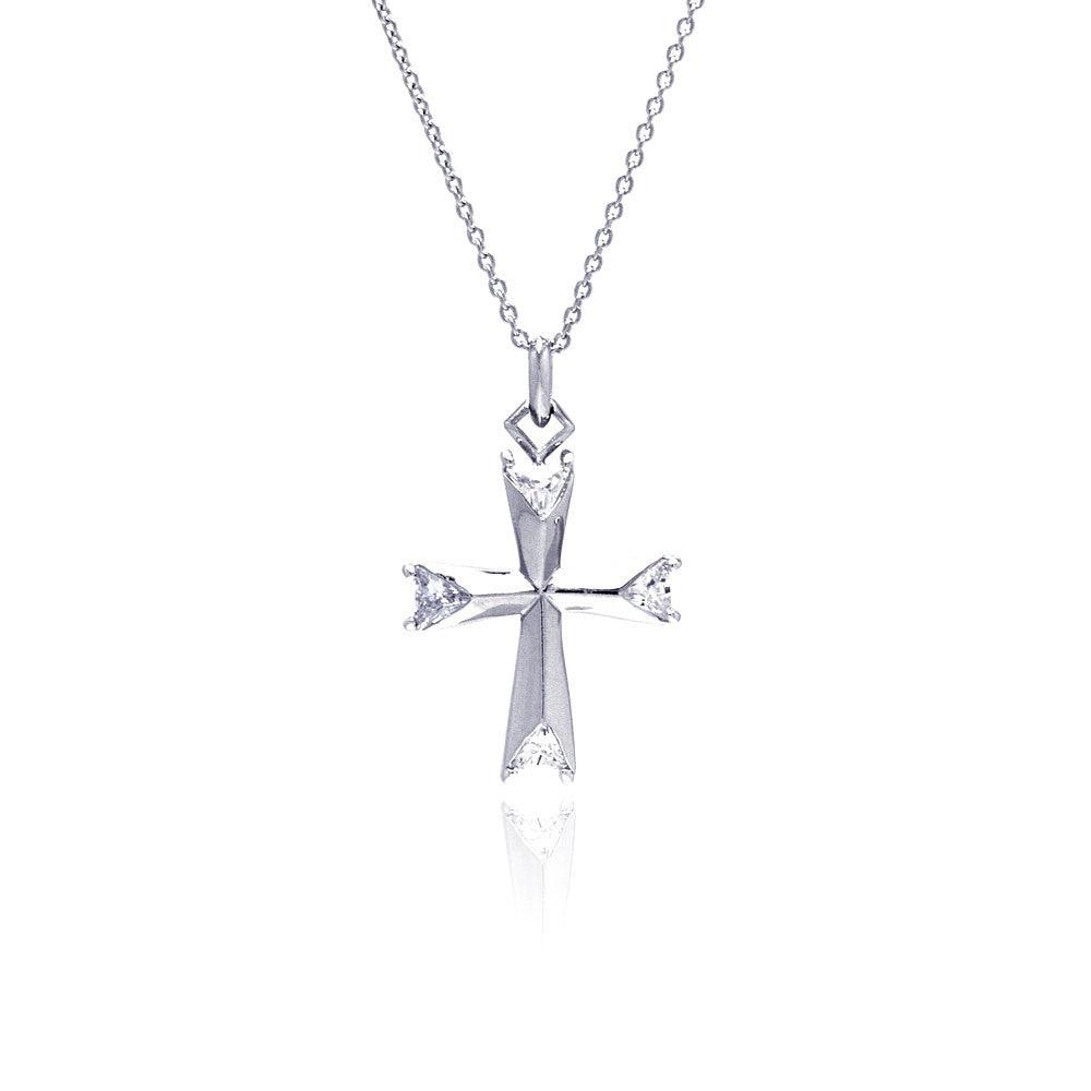 Silver 925 Clear CZ Rhodium Plated Fancy Cross Pendant Necklace - STP00148