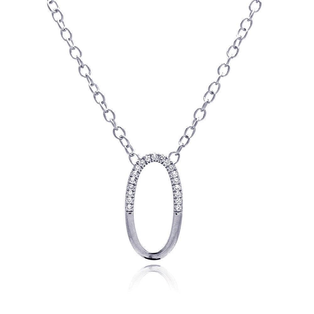 Closeout-Silver 925 Clear CZ Rhodium Plated Oval Pendant Necklace - STP00149