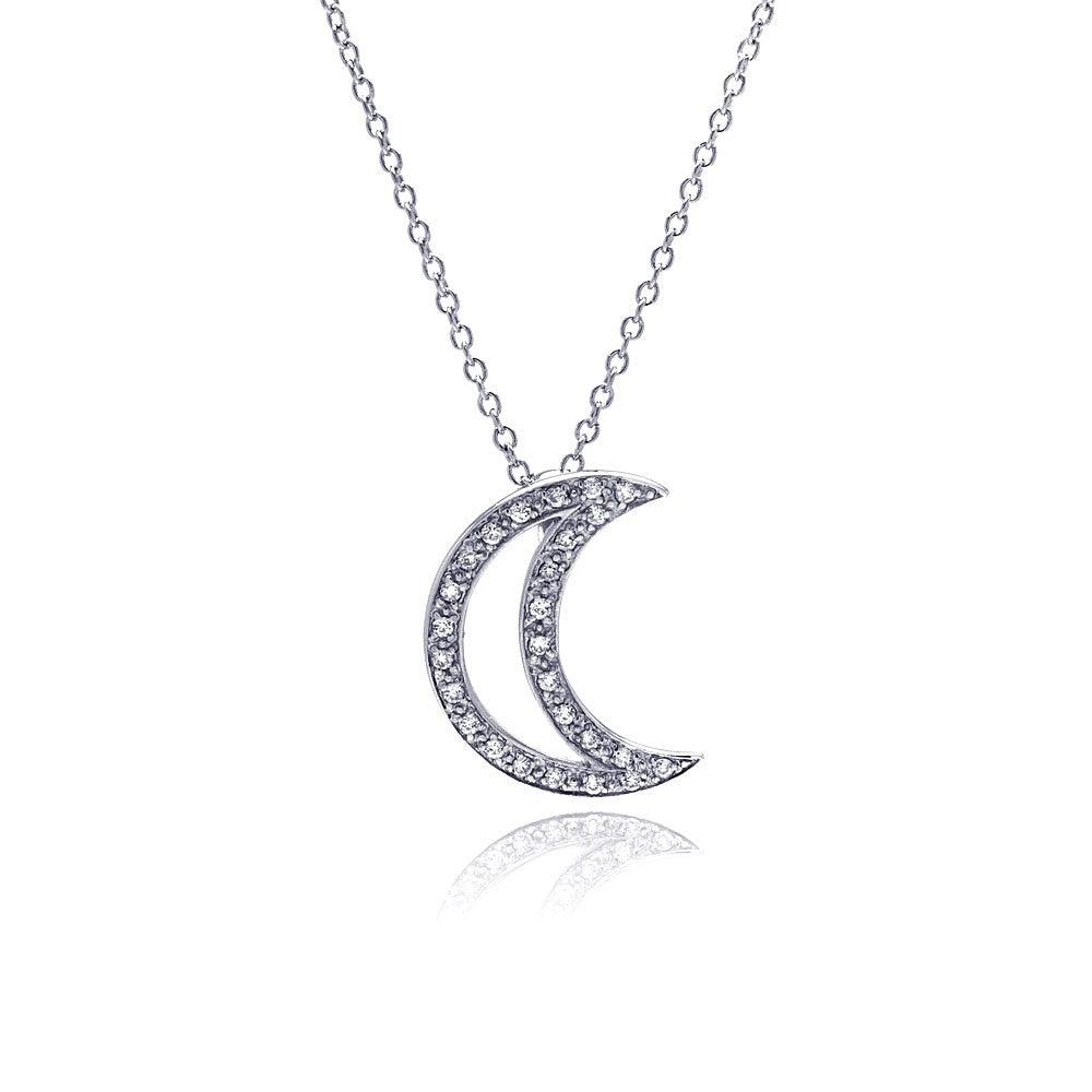 Silver 925 Clear CZ Rhodium Plated Half Moon Pendant Necklace - STP00152