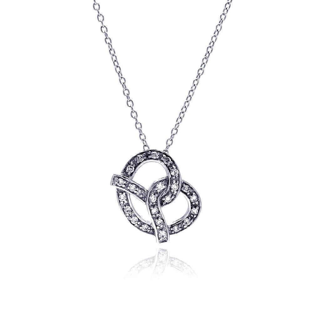 Closeout-Silver 925 Clear CZ Rhodium Plated Pretzel Pendant Necklace - STP00153