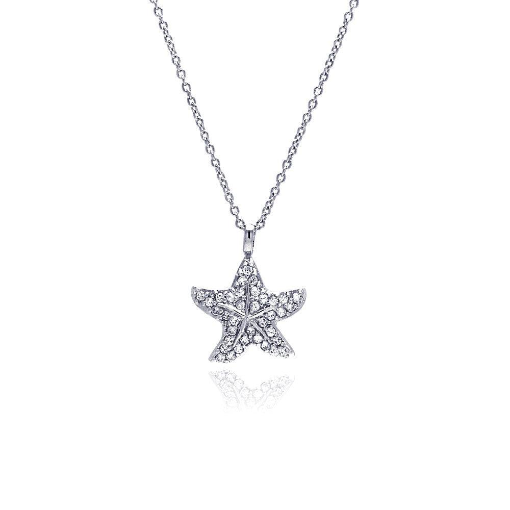 Silver 925 Clear CZ Rhodium Plated Starfish Pendant Necklace - STP00179