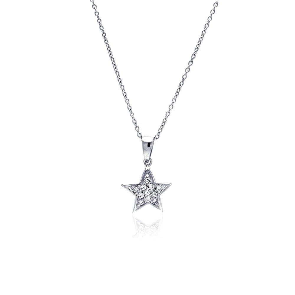 Silver 925 Clear CZ Rhodium Plated Double Star Pendant Necklace - STP00180