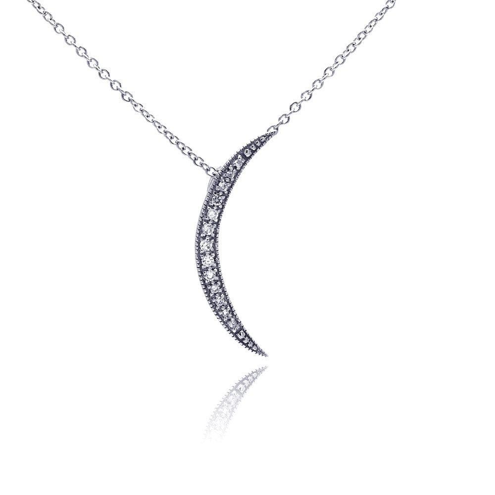 Silver 925 Clear CZ Rhodium Plated Moon Pendant Necklace - STP00193