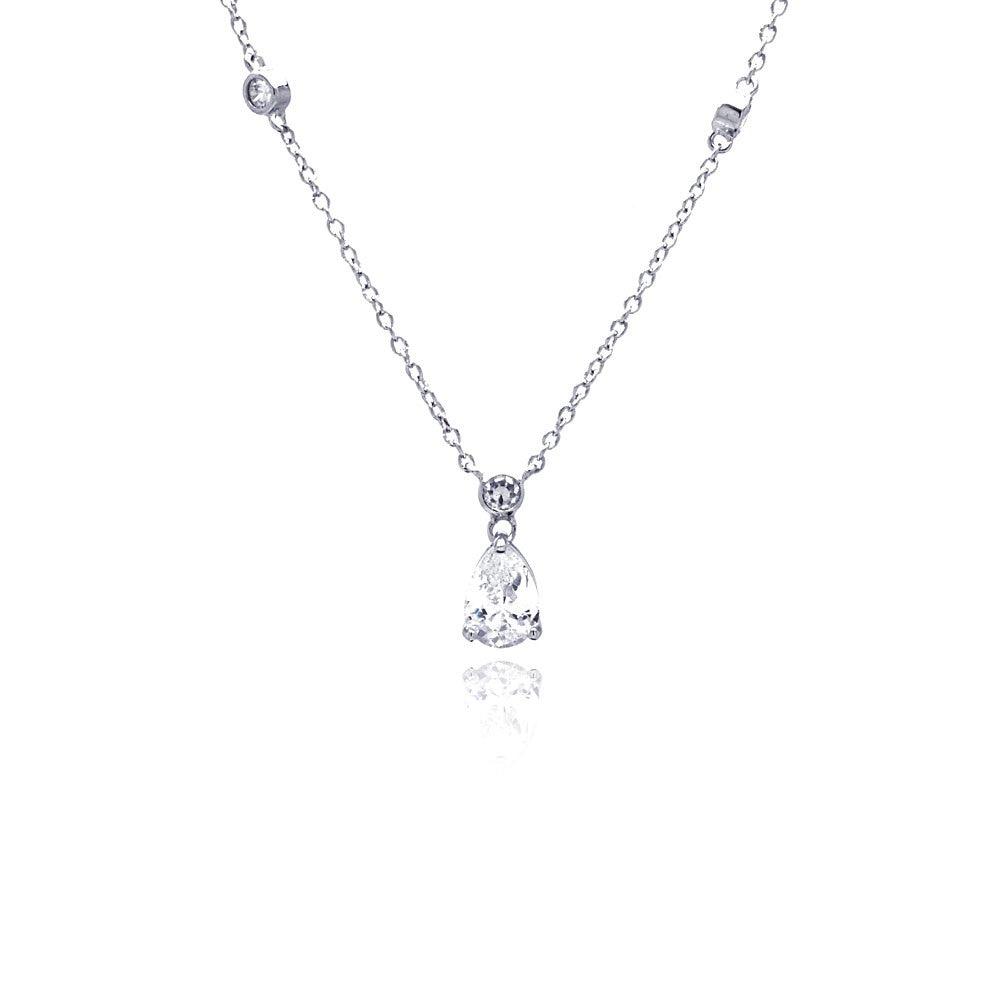 Silver 925 Clear CZ Rhodium Plated Teardrop Pendant Necklace - STP00205