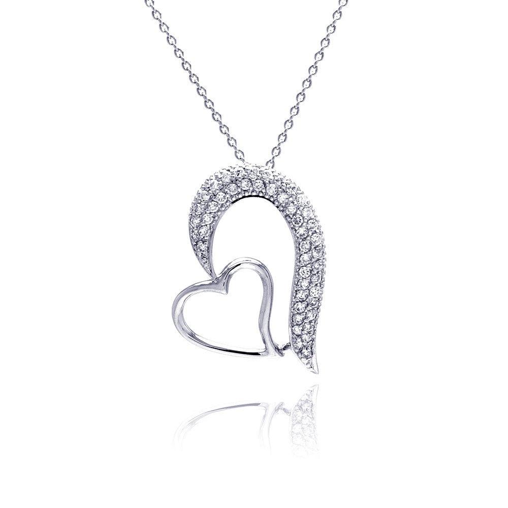 Silver 925 Clear CZ Rhodium Plated Fancy Hearts Pendant Necklace - STP00256