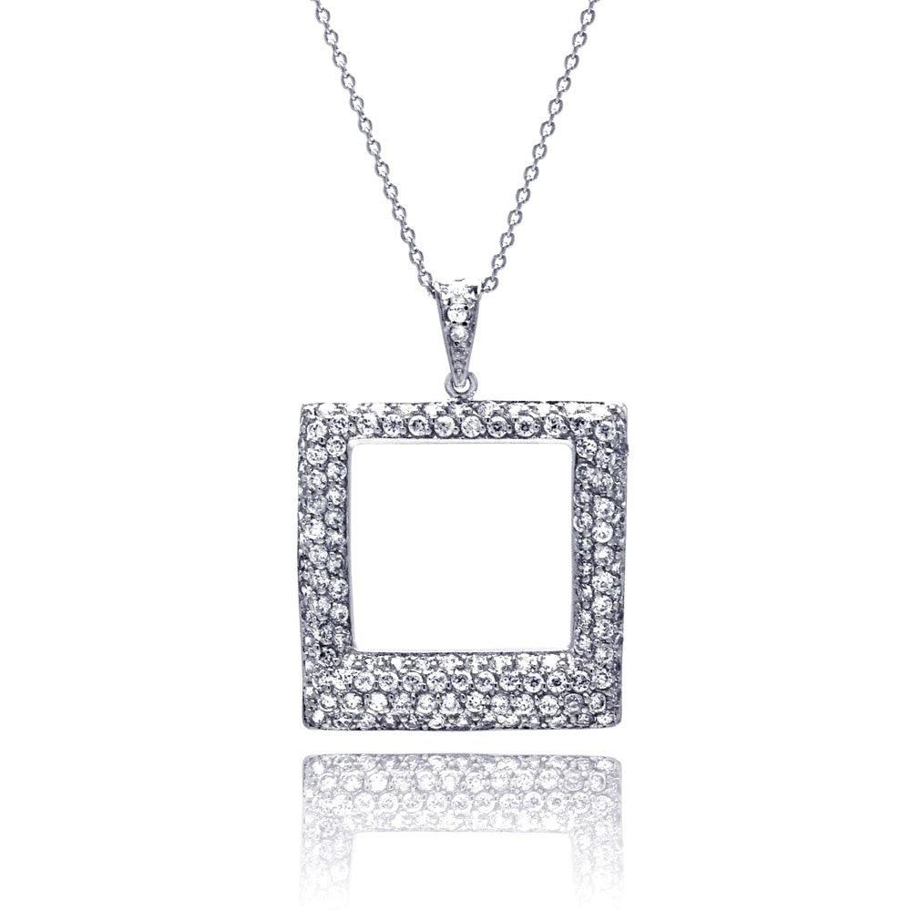 Closeout-Silver 925 Clear CZ Rhodium Plated Open Square Pendant Necklace - STP00257