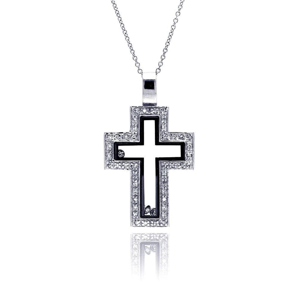 Closeout-Silver 925 Clear Black CZ Rhodium Plated Cutout Cross Pendant Necklace - STP00263