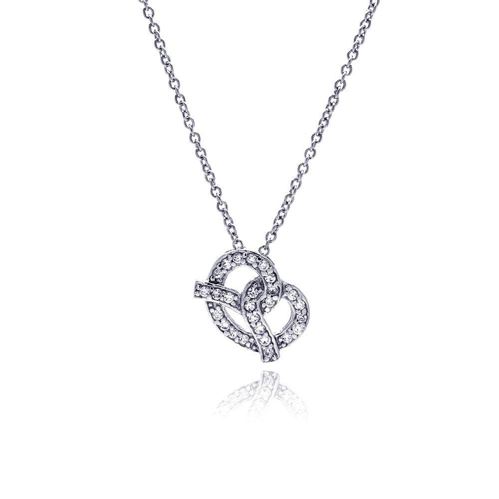 Closeout-Sterling Silver Clear CZ Rhodium Plated Pretzel Pendant Necklace - STP00292