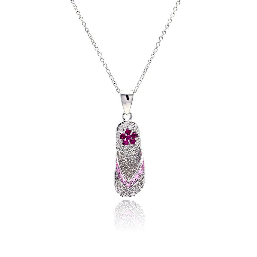 Silver 925 Rhodium Plated Violet and Purple Flower CZ Dangling Sandal Necklace - STP00366