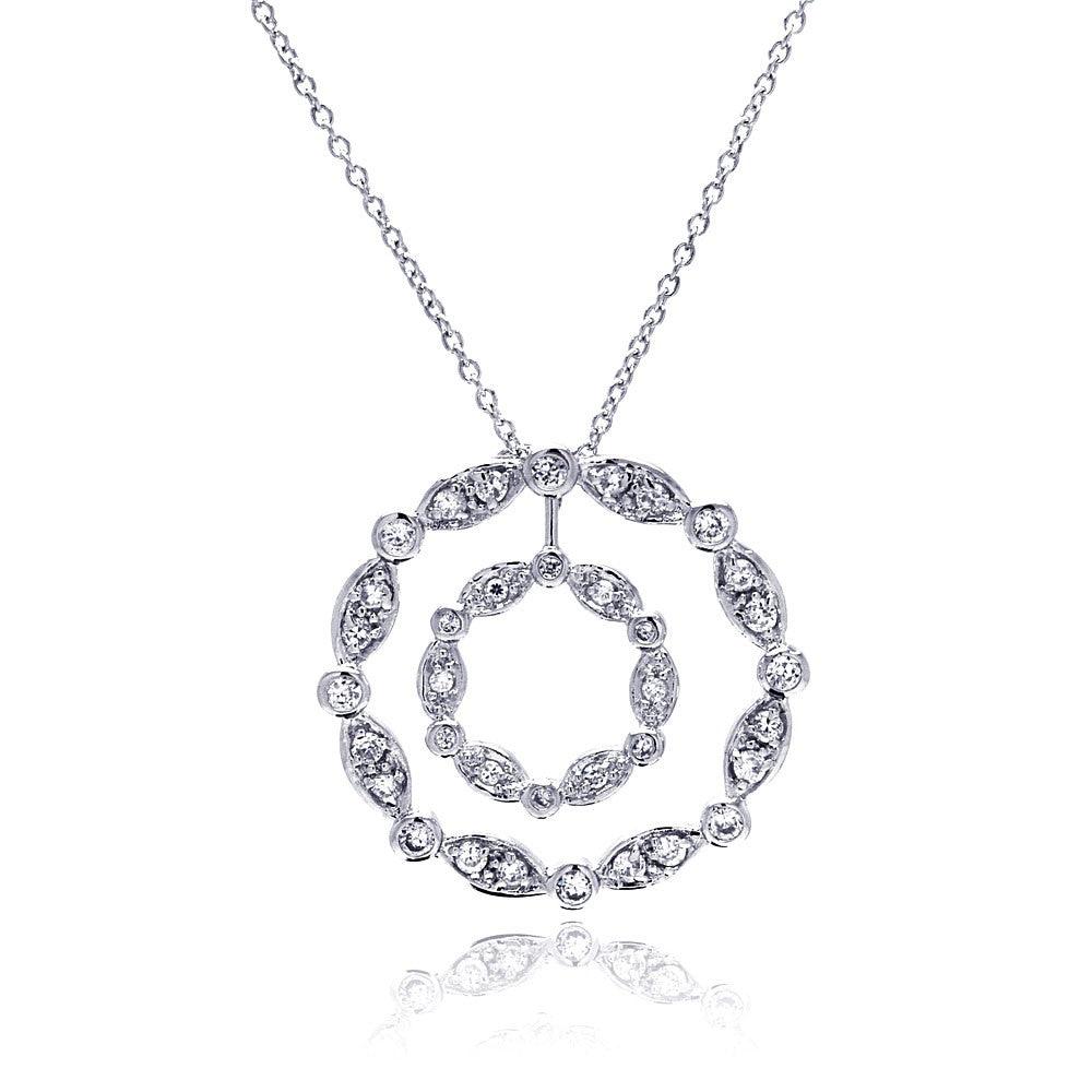 Closeout-Silver 925 Clear CZ Rhodium Plated Double Circle Pendant Necklace - STP00357