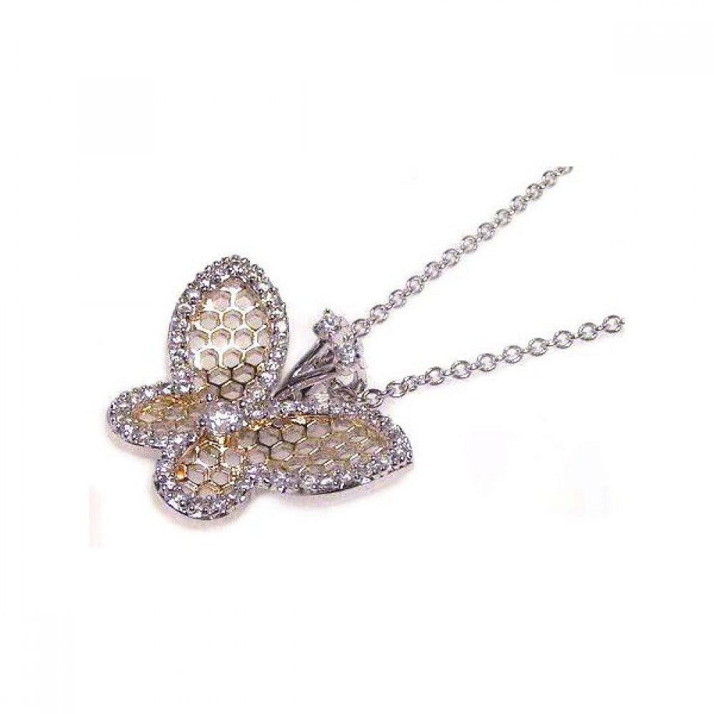 Closeout-Silver 925 Clear CZ Rhodium Plated Multi Hole Butterfly Pendant Necklace - STP00378