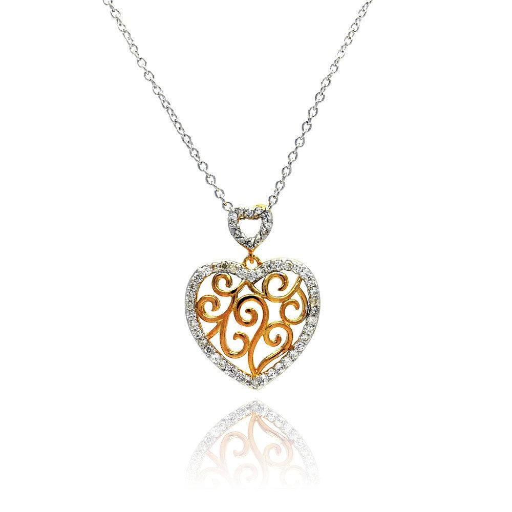 Closeout-Silver 925 Clear CZ Rhodium Plated Heart Cutout Accent Pendant Necklace - STP00380