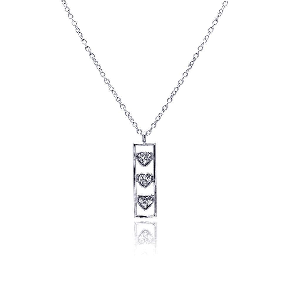 Silver 925 Clear CZ Rhodium Plated Bar Trio Hearts Pendant Necklace - STP00411