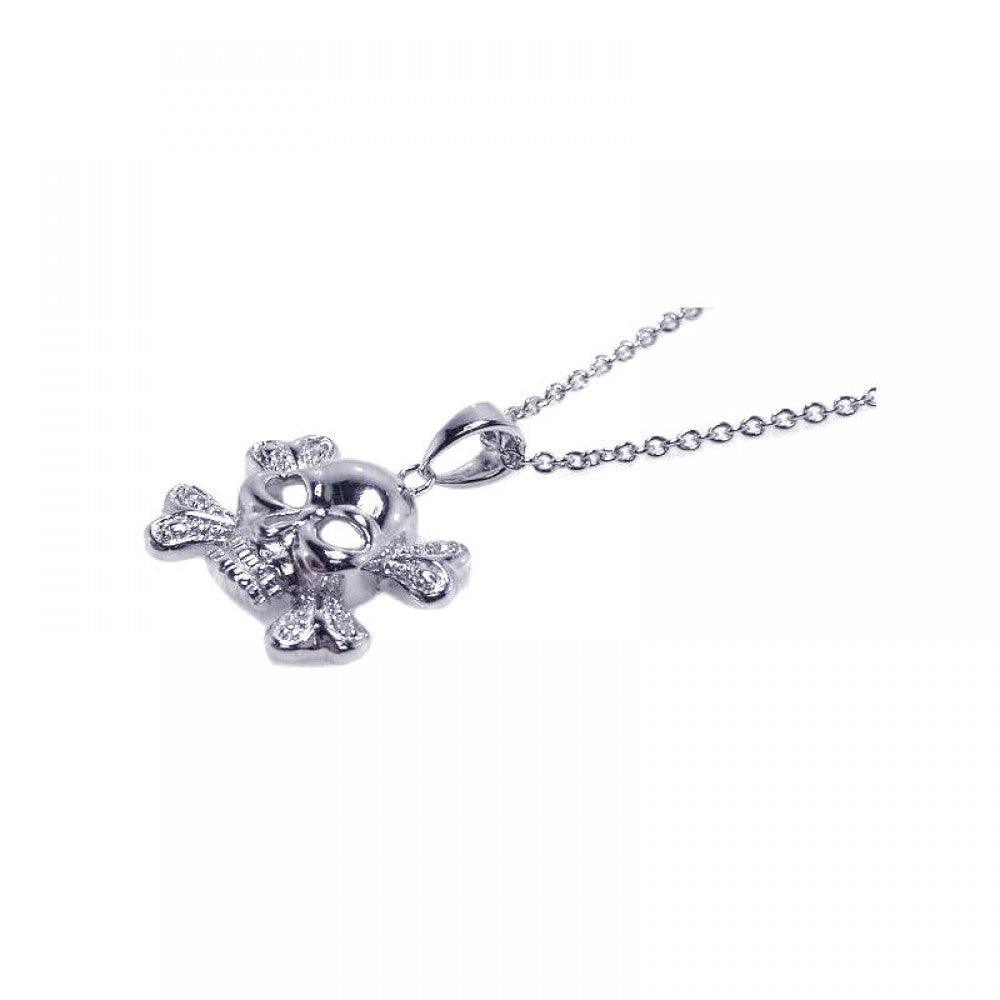 Closeout-Silver 925 Clear CZ Rhodium Plated X Skull Pendant Necklace - STP00414