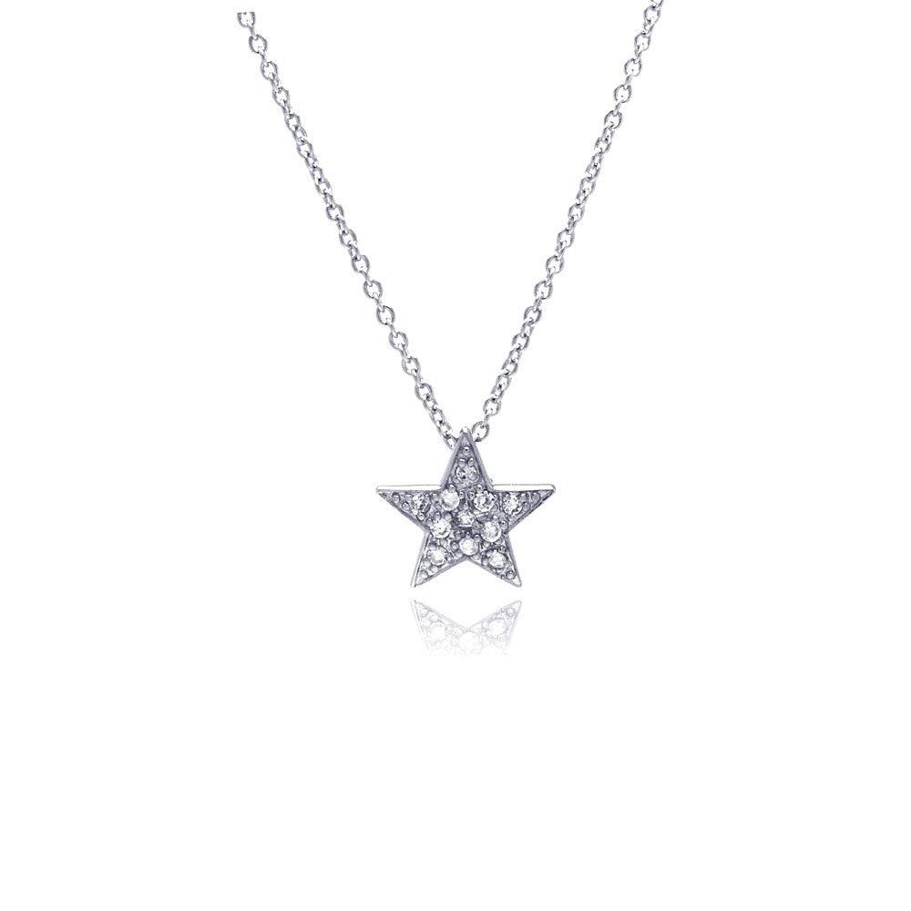 Silver 925 Clear CZ Rhodium Plated Covered Star Pendant Necklace - STP00424