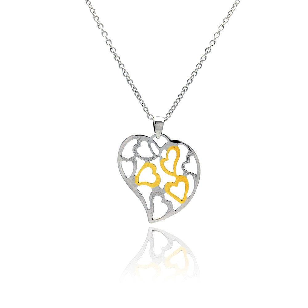 Closeout-Silver 925 Clear CZ Gold and Rhodium Plated Multi Hearts Pendant Necklace - STP00430