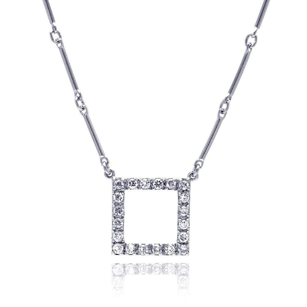 Closeout-Silver 925 Rhodium Plated CZ Open Square Pendant Necklace - STP00450