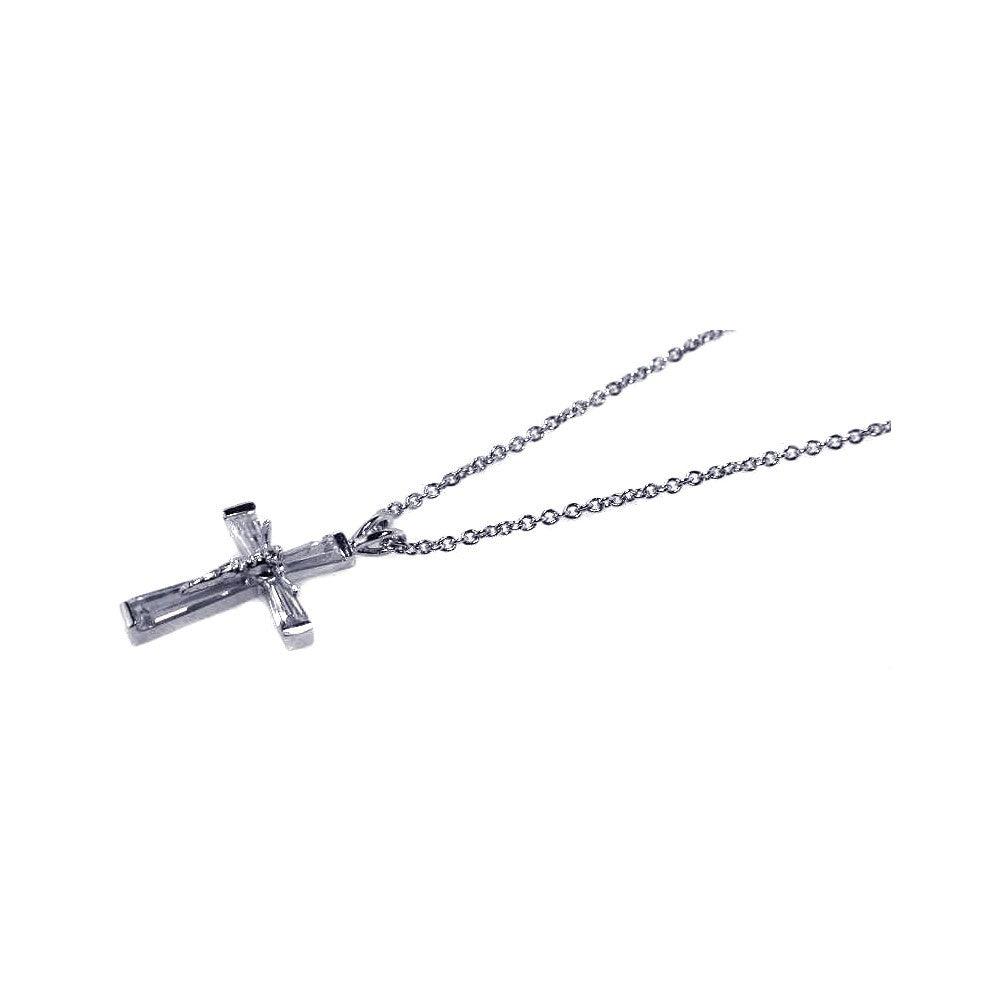 Silver 925 Rhodium Plated CZ Cross Pendant Necklace - STP00459