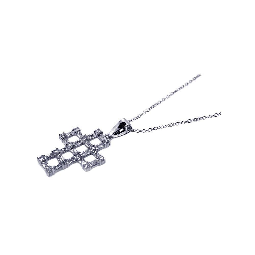 Closeout-Silver 925 Rhodium Plated CZ Open Cross Pendant Necklace - STP00464