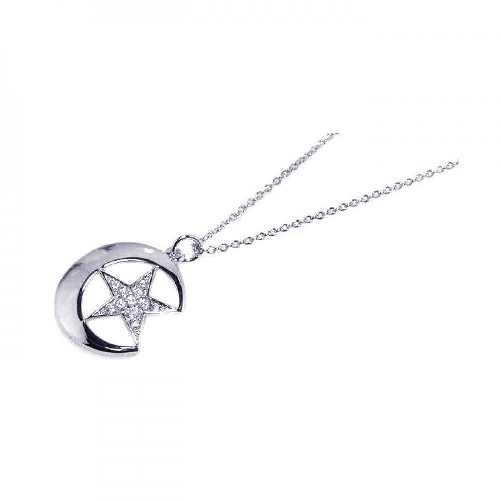 Silver 925 Rhodium Plated Pave Set Clear CZ Crescent Moon Star Pendant Necklace - STP00500