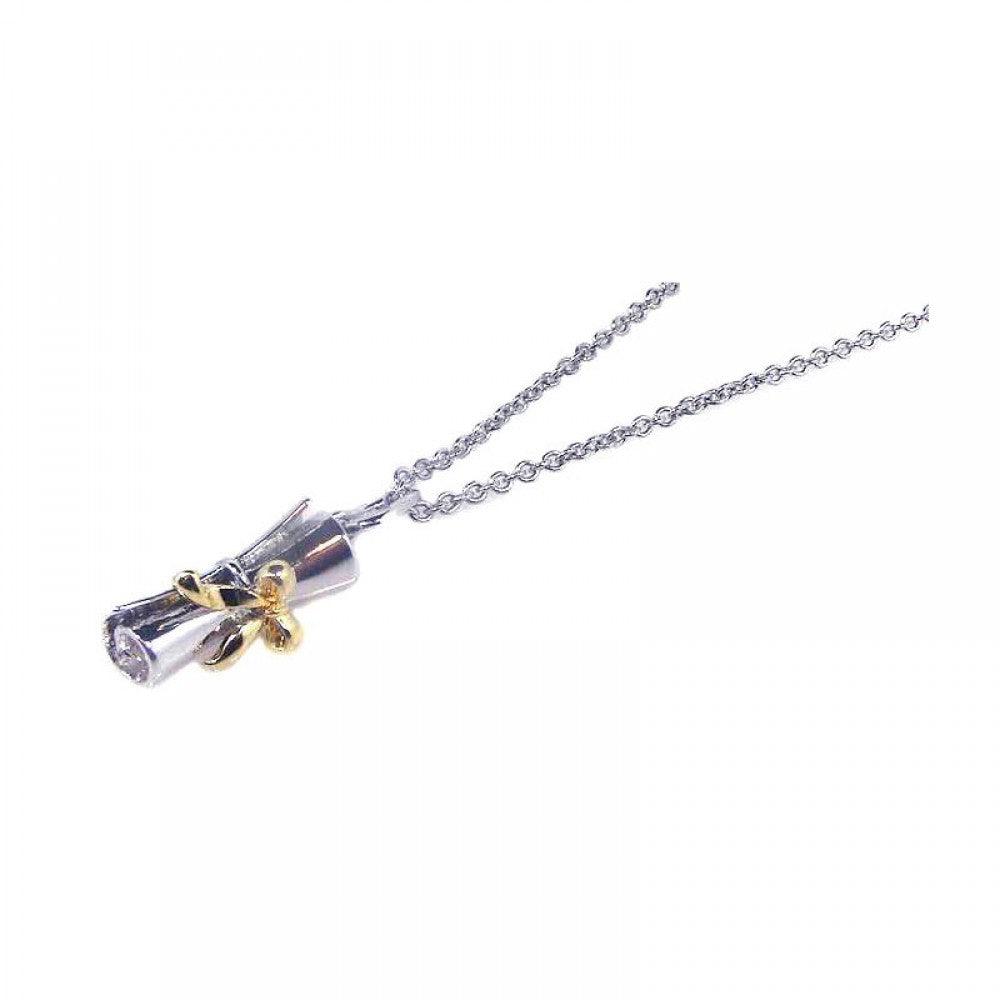 Silver 925 Rhodium and Gold Plated Ribbon Pendant Rolled Up Diploma Necklace - STP00508