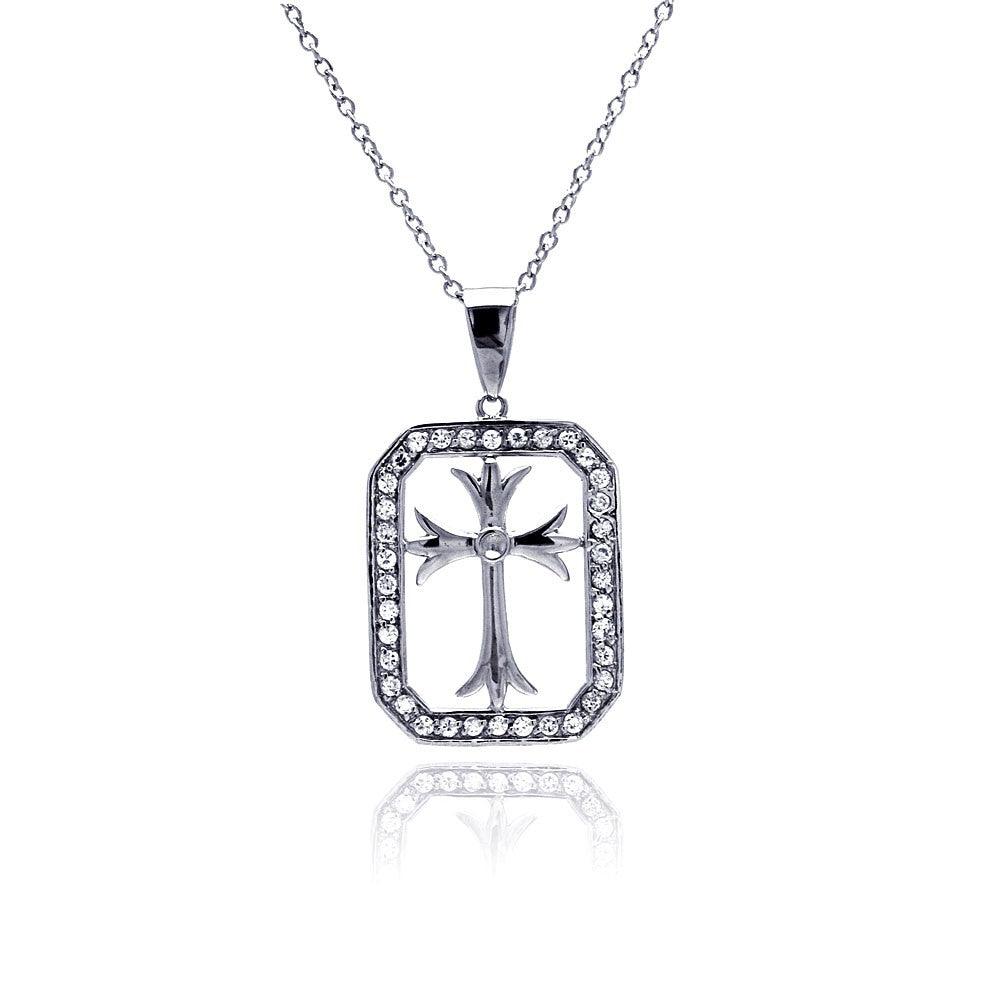 Closeout-Silver 925 Rhodium Plated Clear CZ Cross Necklace - STP00516