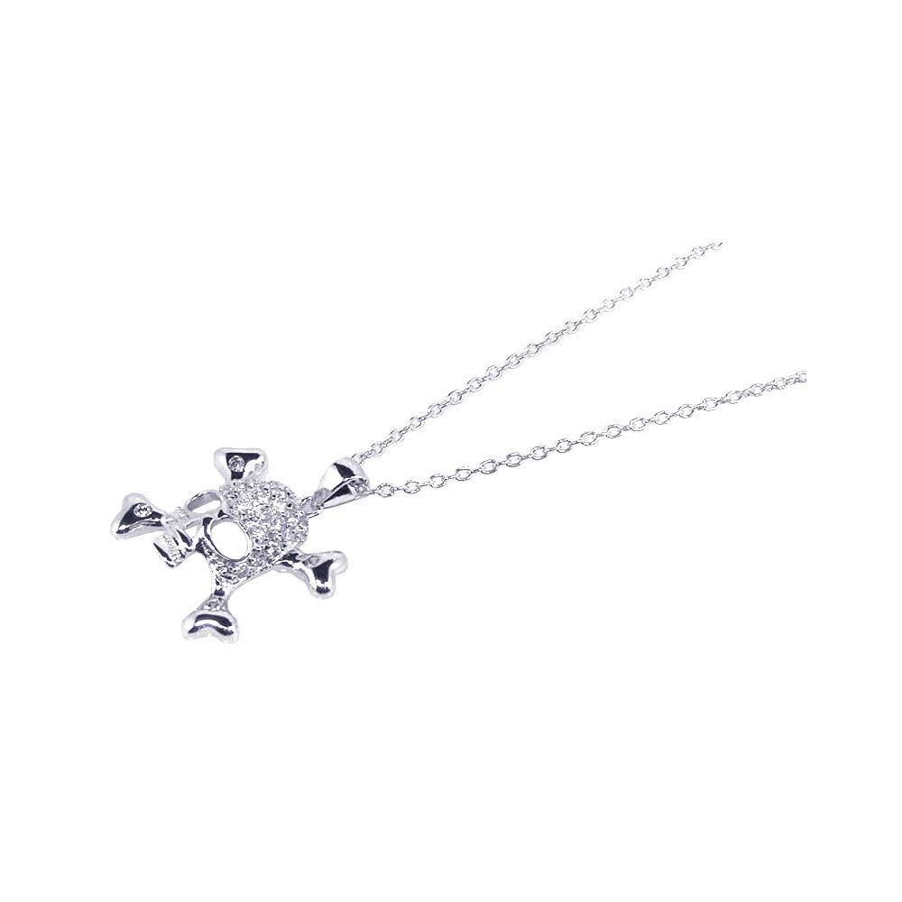 Silver 925 Rhodium Plated Pave Set CZ Skull Crossbones Pendant Necklace - STP00518