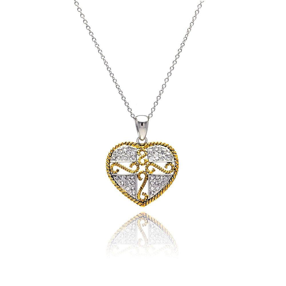 Closeout-Silver 925 Gold and Silver Rhodium Plated Micro Pave Heart Filigree CZ Dangling Necklace - STP00520