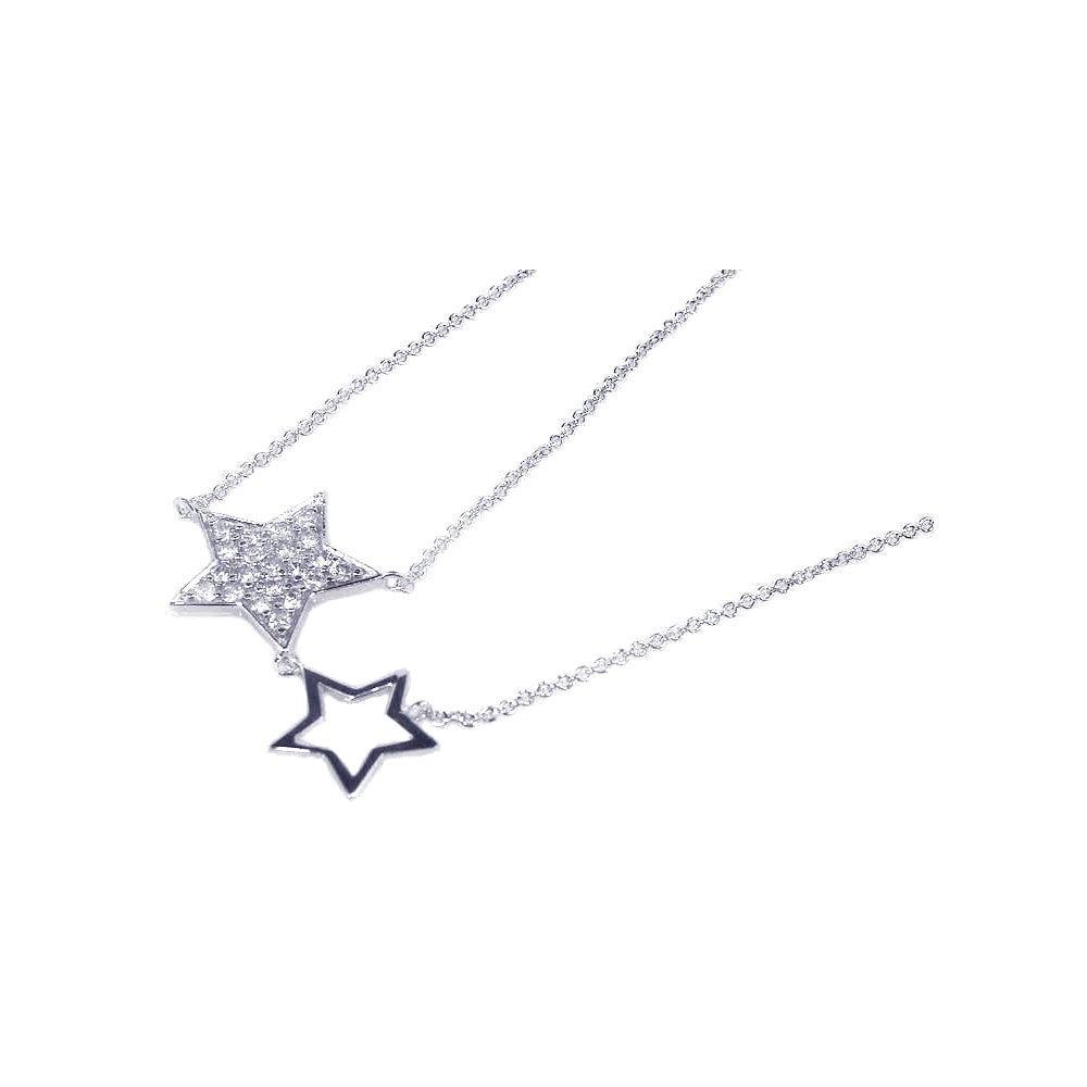 Silver 925 Rhodium Plated Open and Closed Star CZ Inlay Necklace - STP00529