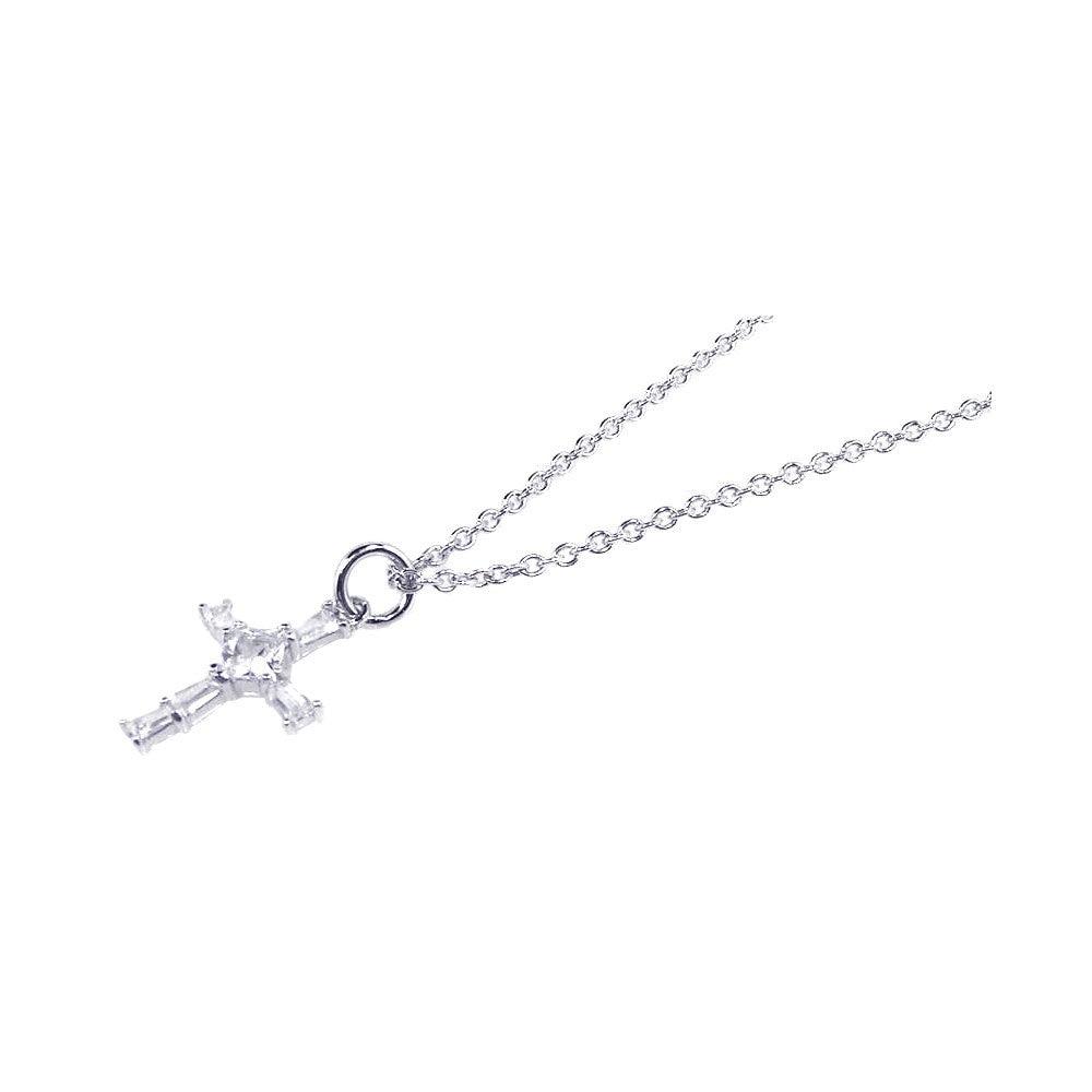 Silver 925 Rhodium Plated Cross Baguette and Square CZ Dangling Ring Necklace - STP00534