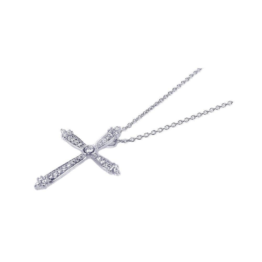 Silver 925 Rhodium Plated Cross Small CZ Inlay Dangling Necklace - STP00538