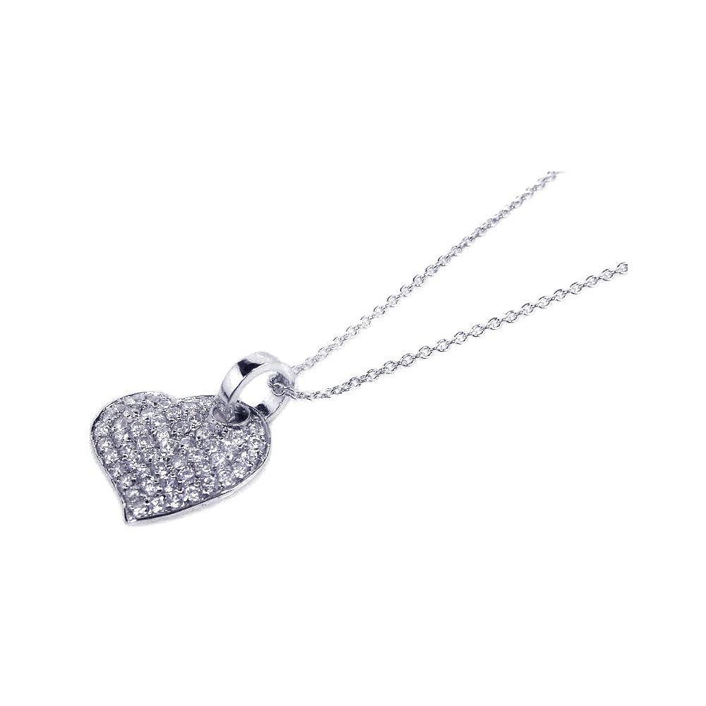 Closeout-Silver 925 Rhodium Plated Round Heart Clear CZ Inlay Necklace - STP00544